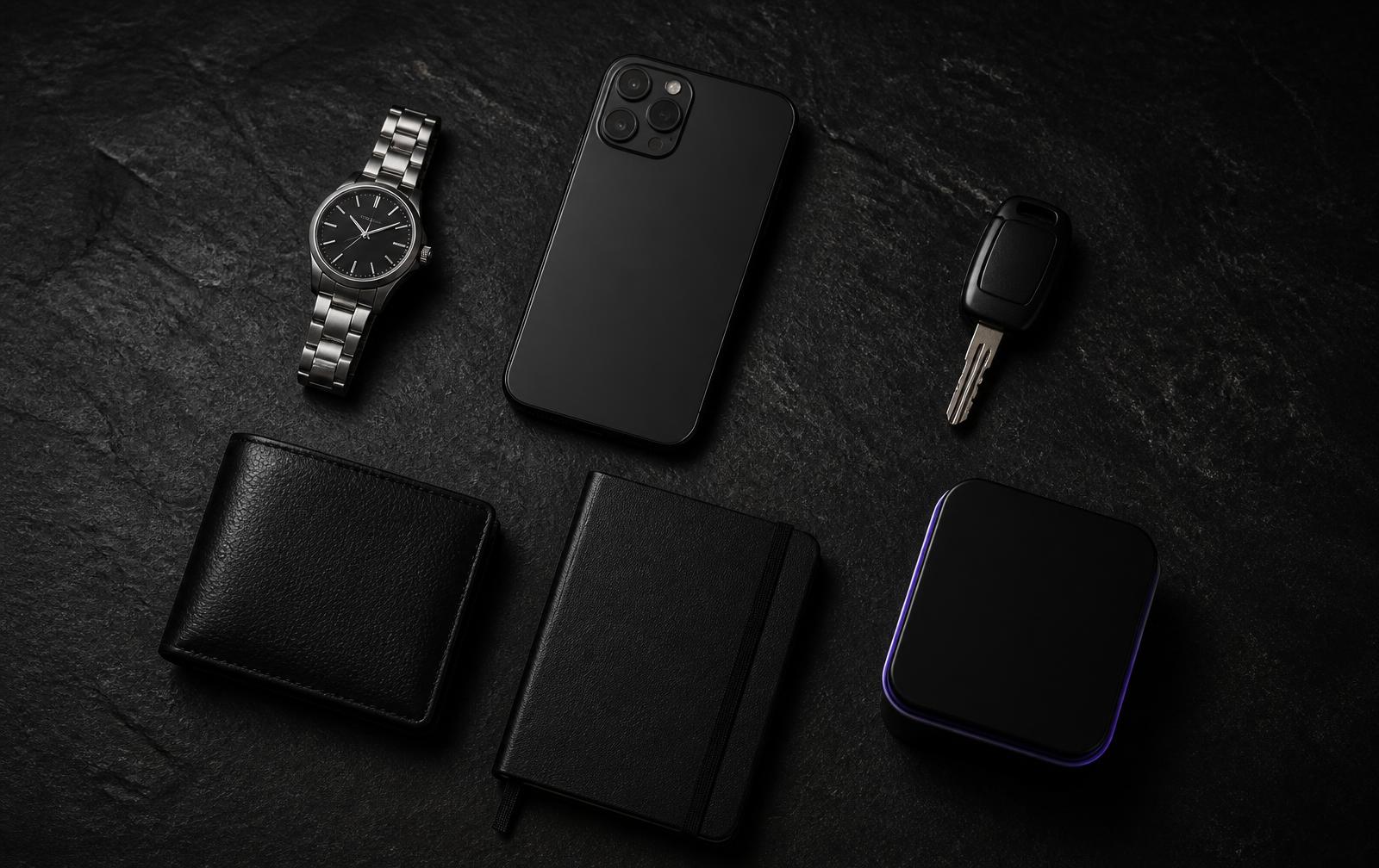 Flat lay of a watch, phone, car key, wallet, notebook and a STR8 FOCUS tin